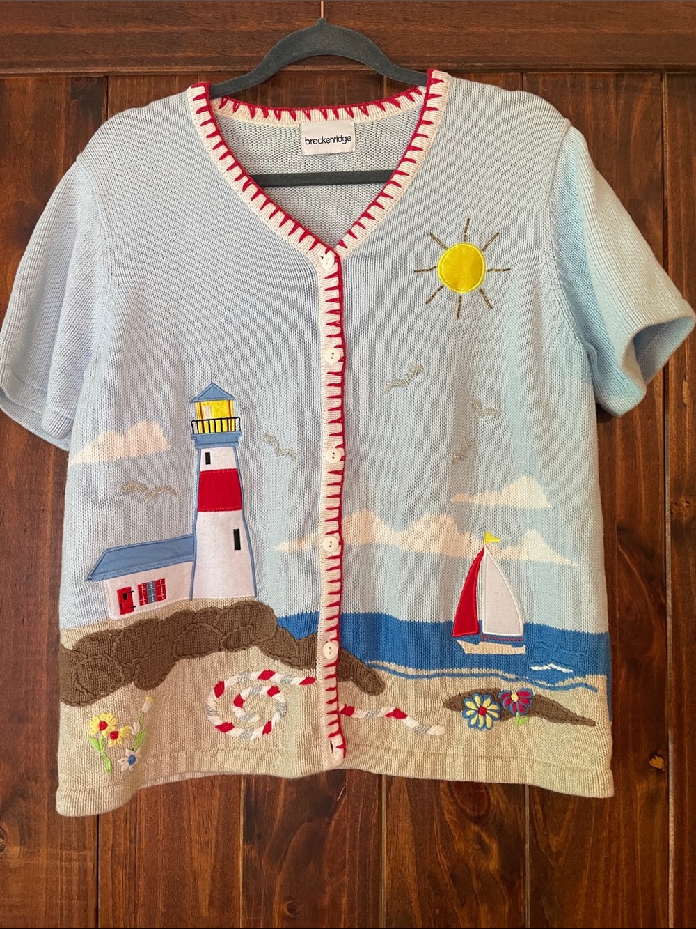 breckenridge Light Blue Nautical Cardigan with Red Trim and Seaside Appliqués